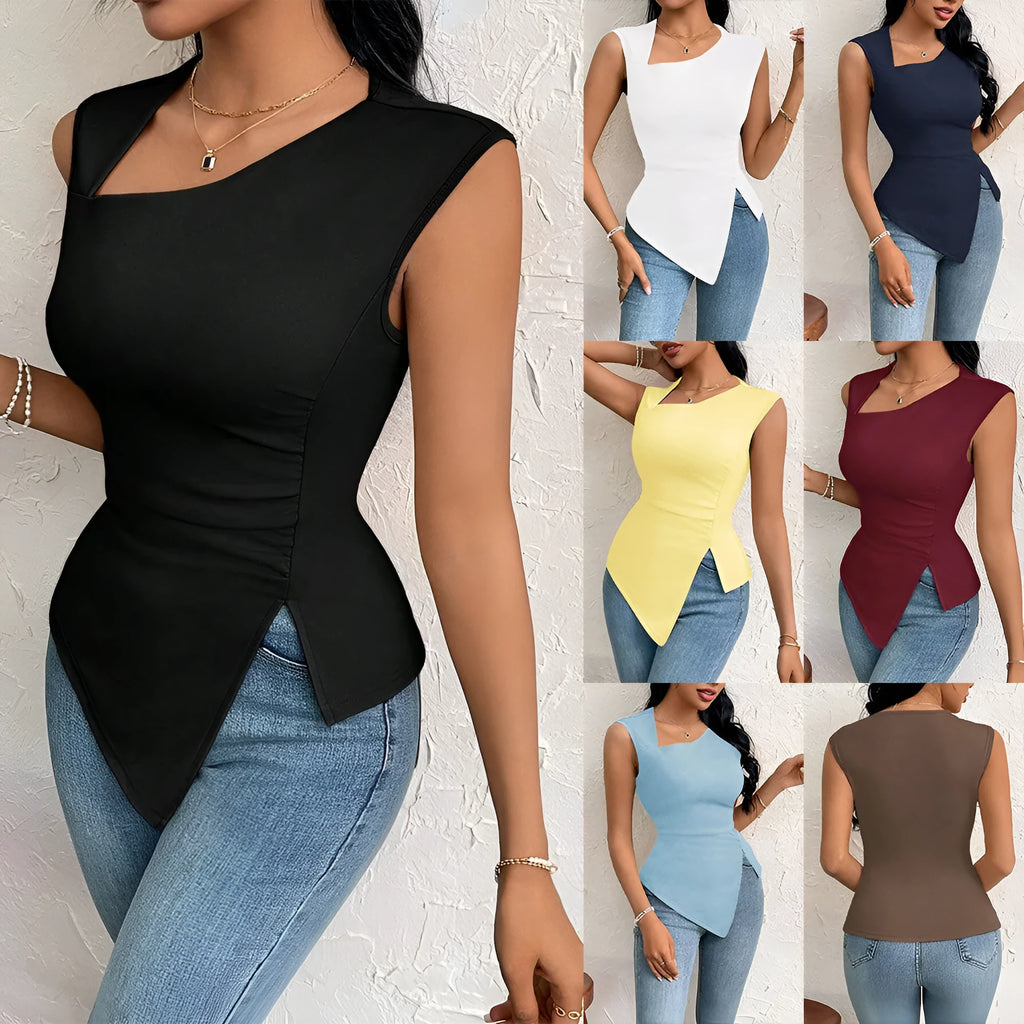 Women's diagonal collar slim fit short sleeve polyester top in beige with stitching detail