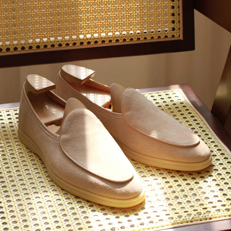 Men's genuine leather loafers in brown with a TPR sole and low tube sock design.