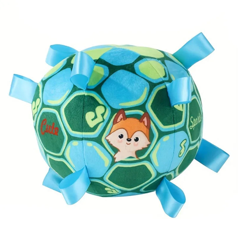 Green interactive ball dog toy with plush handle and built-in bell for aggressive chewers