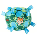 Green interactive ball dog toy with plush handle and built-in bell for aggressive chewers