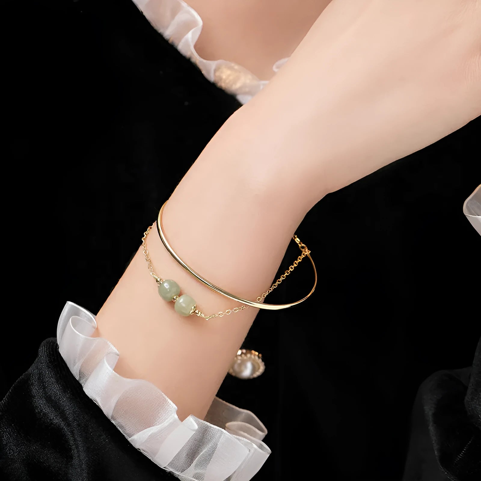 Hetian jade women's bracelet with gold inlay, showing lucky bead design in single, double, and three bead styles.