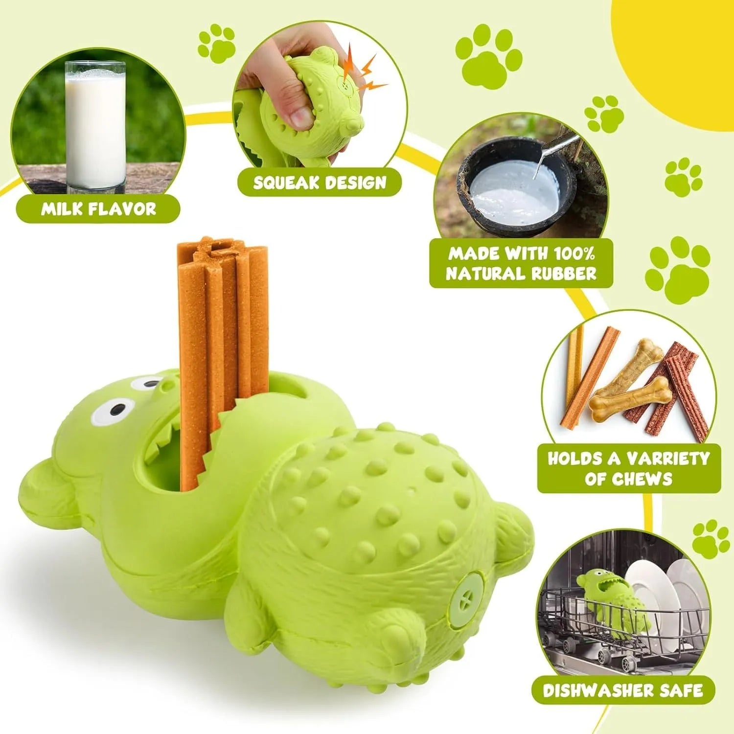 Green and yellow thick natural rubber dog toy with squeaker for aggressive chewers.