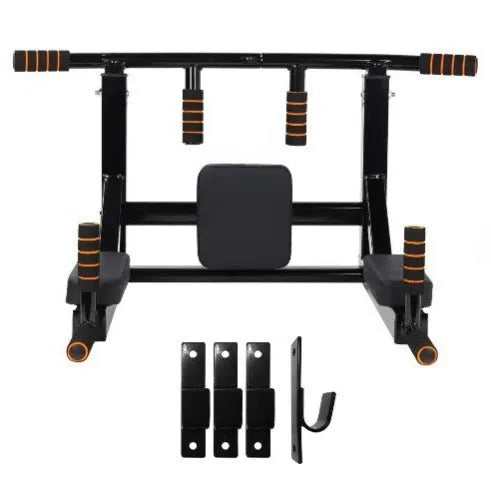 Black steel wall-mounted single parallel bars pull-up rack for fitness training.