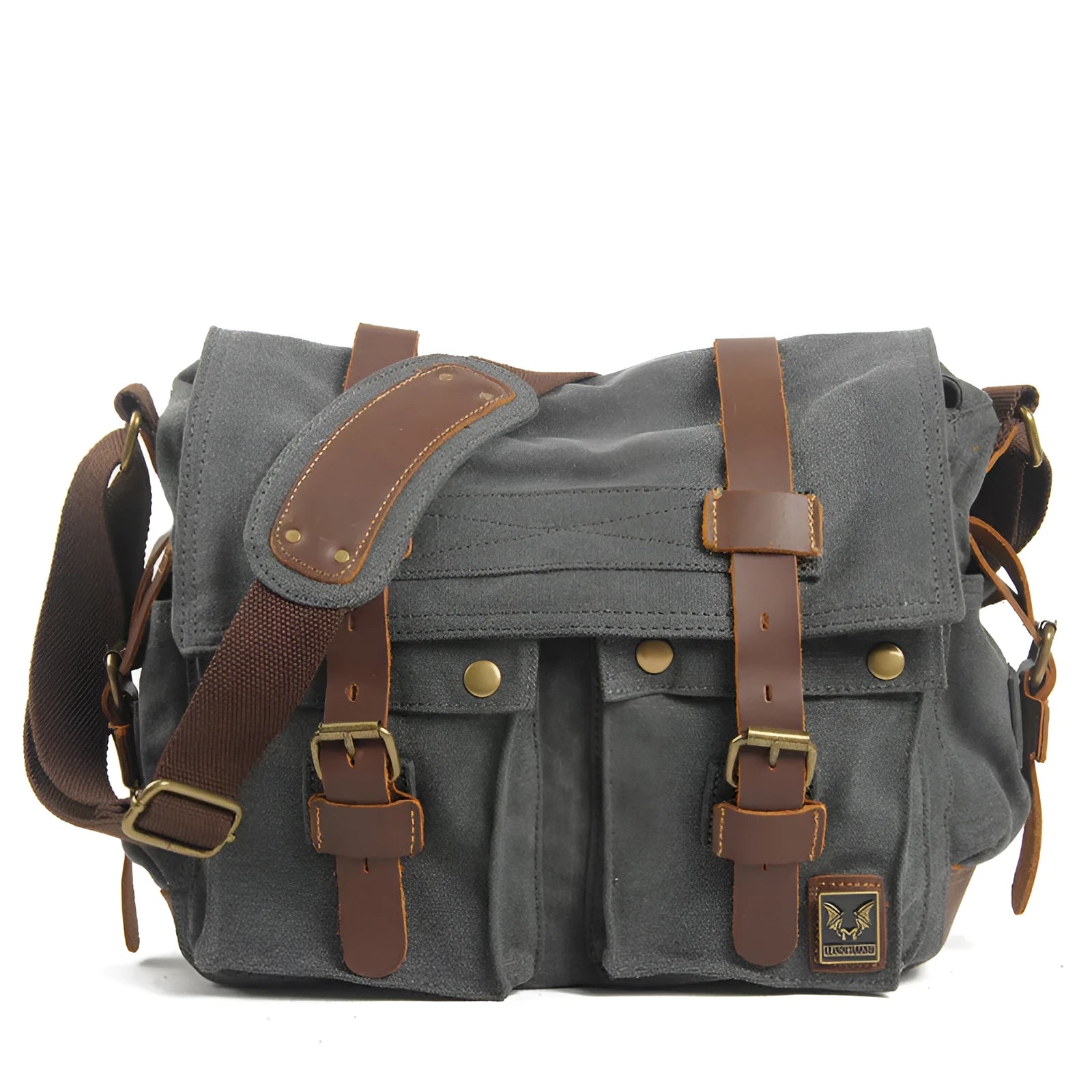 Men's army green canvas crossbody flap bag with leather trim shown open, revealing internal phone and document pockets.