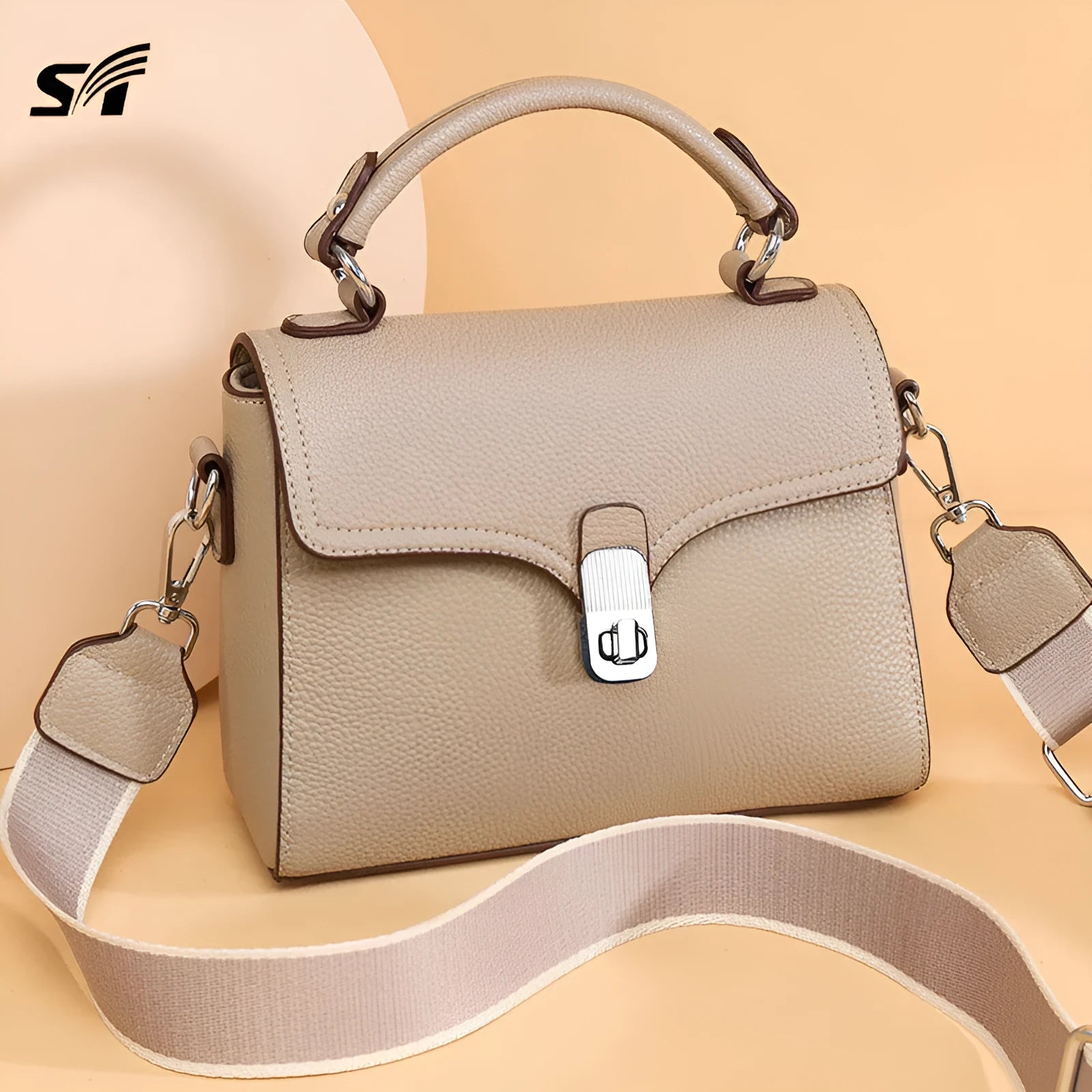Women's genuine leather cross-body bag oval shape 21x18x9cm sandwich pocket black white khaki blue grey
