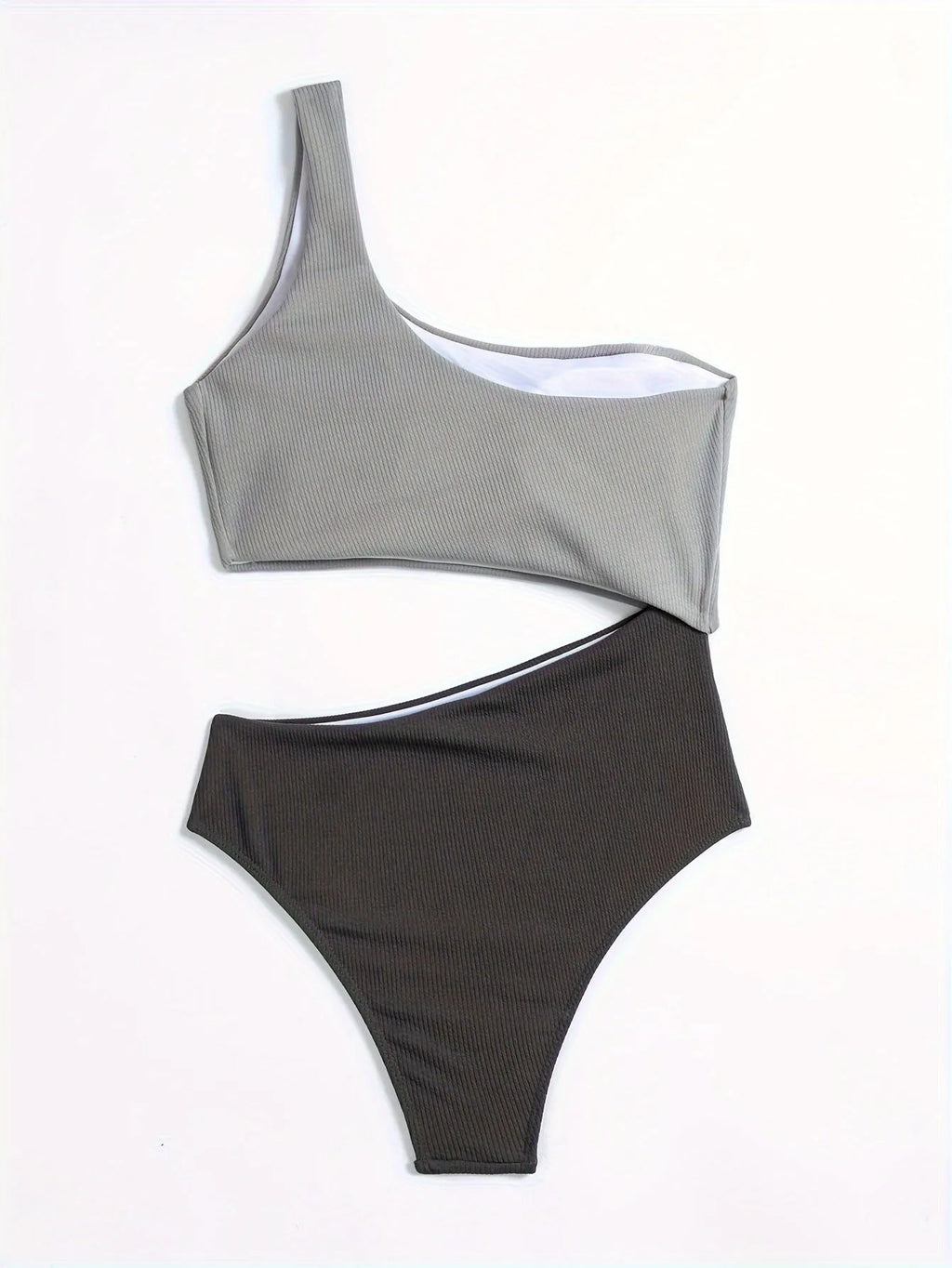 Women's light grey one-shoulder one-piece swimsuit on mannequin