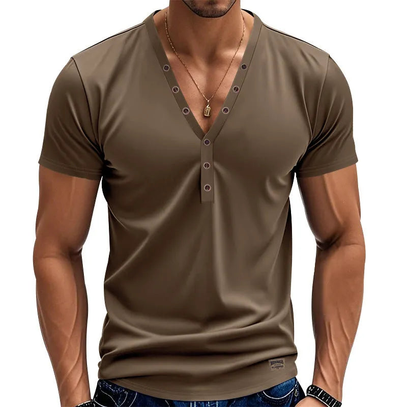 Men's loose fit V-neck pullover with button design in polyester blend fabric for sports