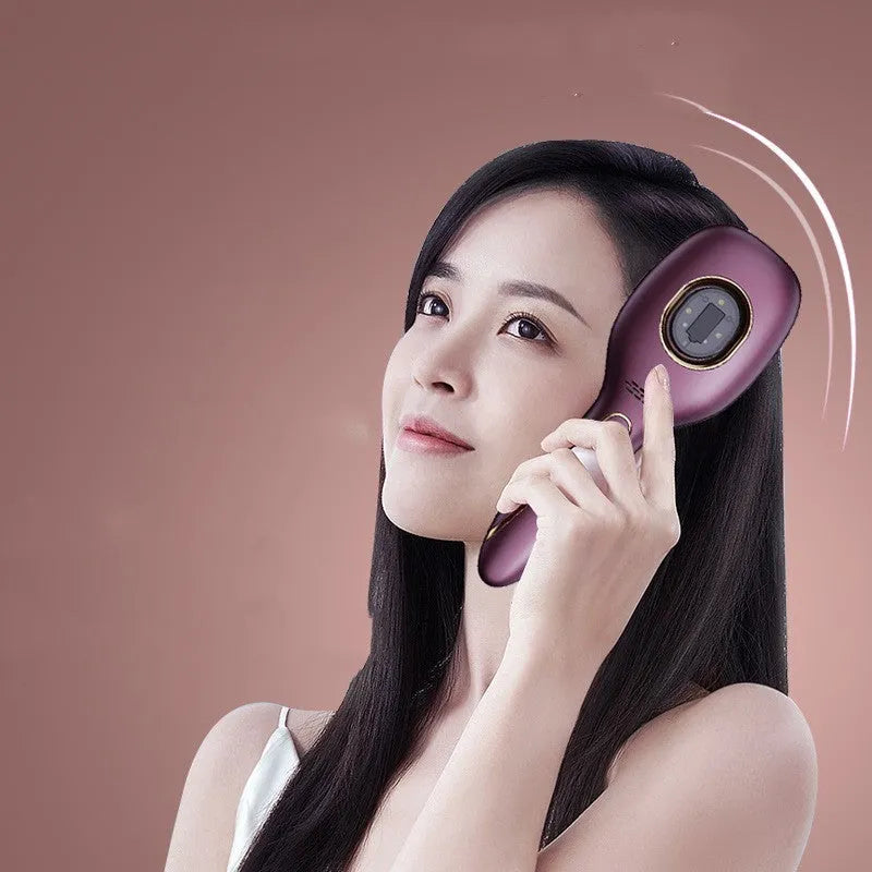 Red and blue LED hair growth comb with USB charging cable, available in pink, purple, and white colours, 82x235x41mm