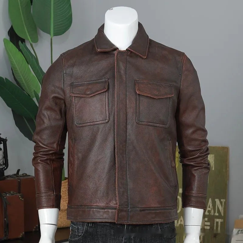 Men's retro short slim PU leather coat in black, front view