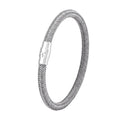 Geometric titanium steel wire bracelet with a magnetic clasp on a wrist, shown in a silver colour.
