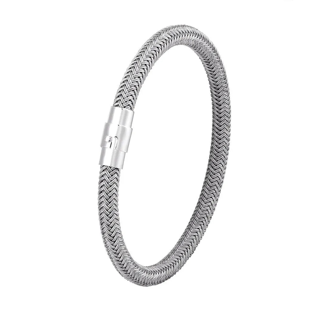 Geometric titanium steel wire bracelet with a magnetic clasp on a wrist, shown in a silver colour.