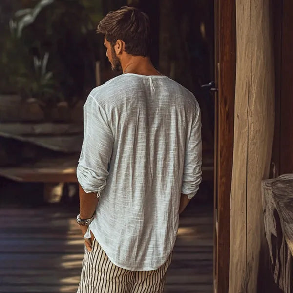 Beige men's V-neck long-sleeved slim fit T-shirt made from hemp blend fabric.