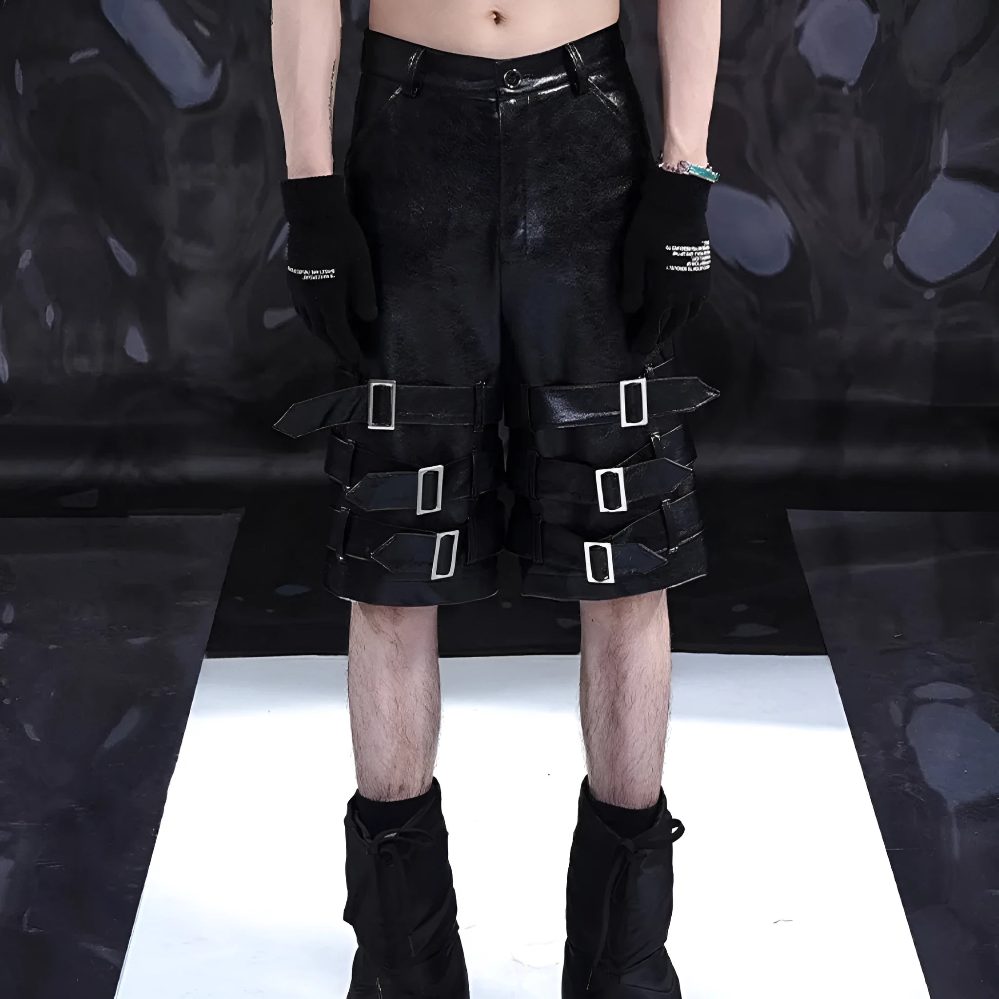 Black men's PU leather cropped shorts on a model, showing medium low waist and casual fit.