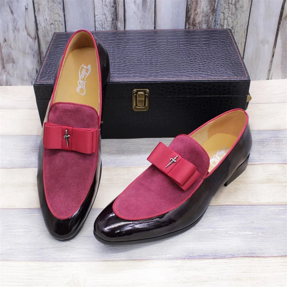 Men's glossy patent leather low-top shoes with a tassel in black, shown from a side view.