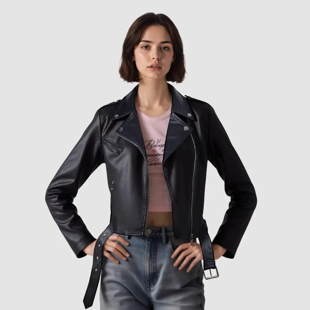 Women's red PU leather jacket with a lapel collar and a short waist belt, laid flat.