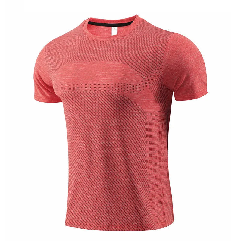 Men's short sleeve running t-shirt in polyester spandex fabric, shown in red colour.