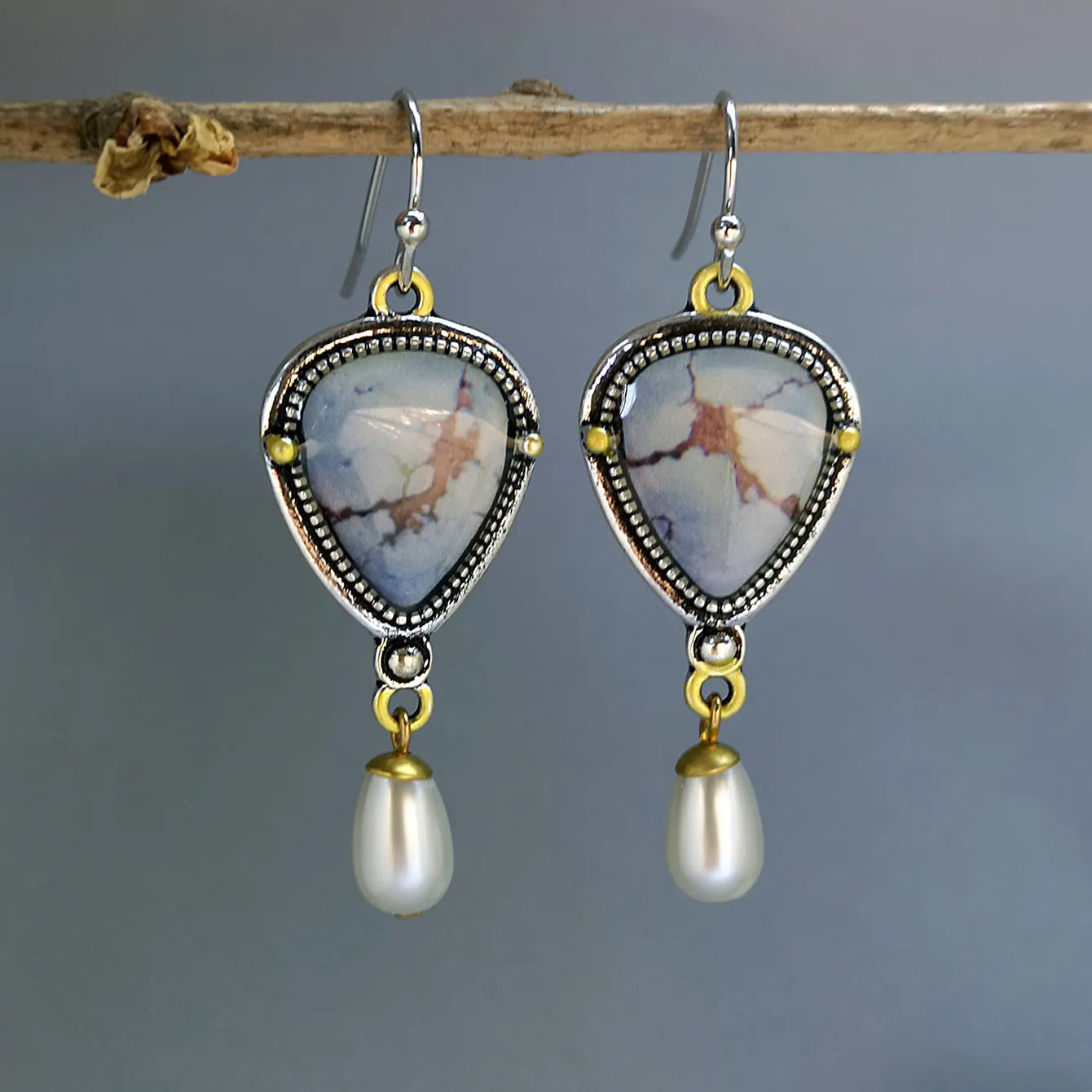 Retro blue geometric drop earrings with synthetic opal and pearl accents on metal