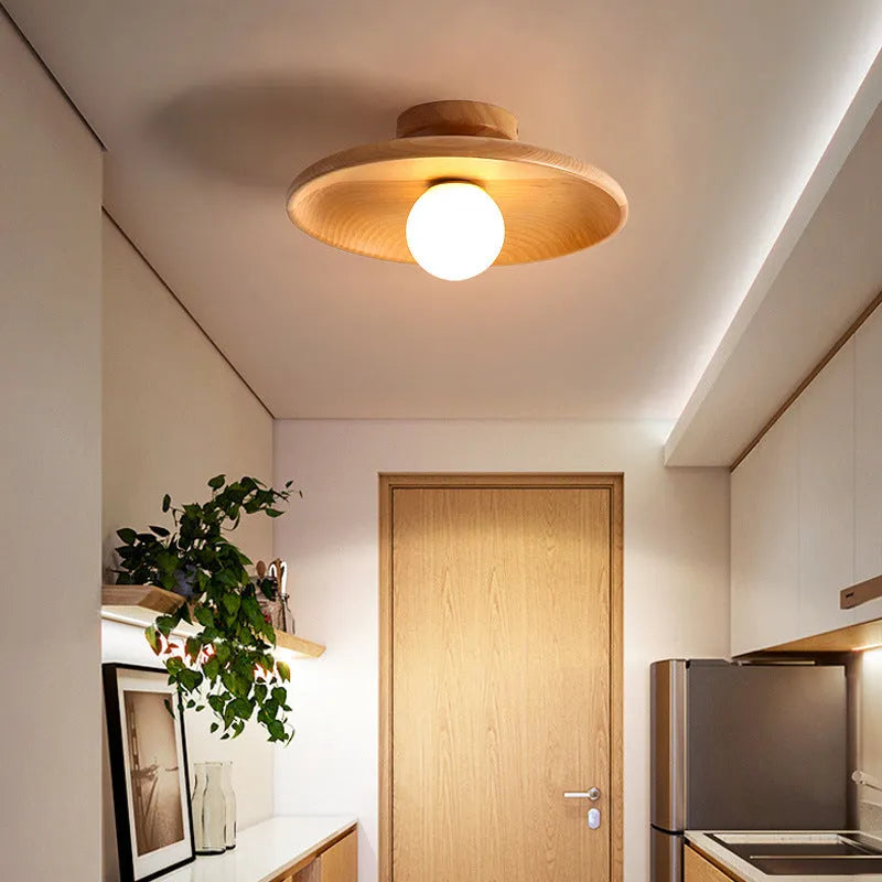 Solid wood and glass minimalist aisle ceiling lamp in wood or walnut colour.