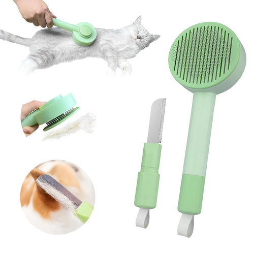 Green and yellow 2-in-1 pet grooming brush with stainless steel bristles for cats and dogs