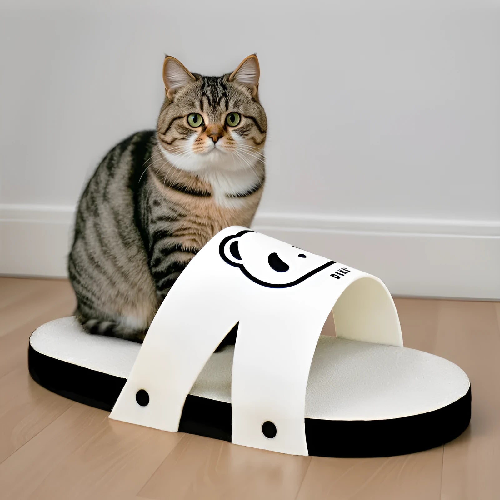 White corrugated paper cat scratch board with slipper style design for feline claw care