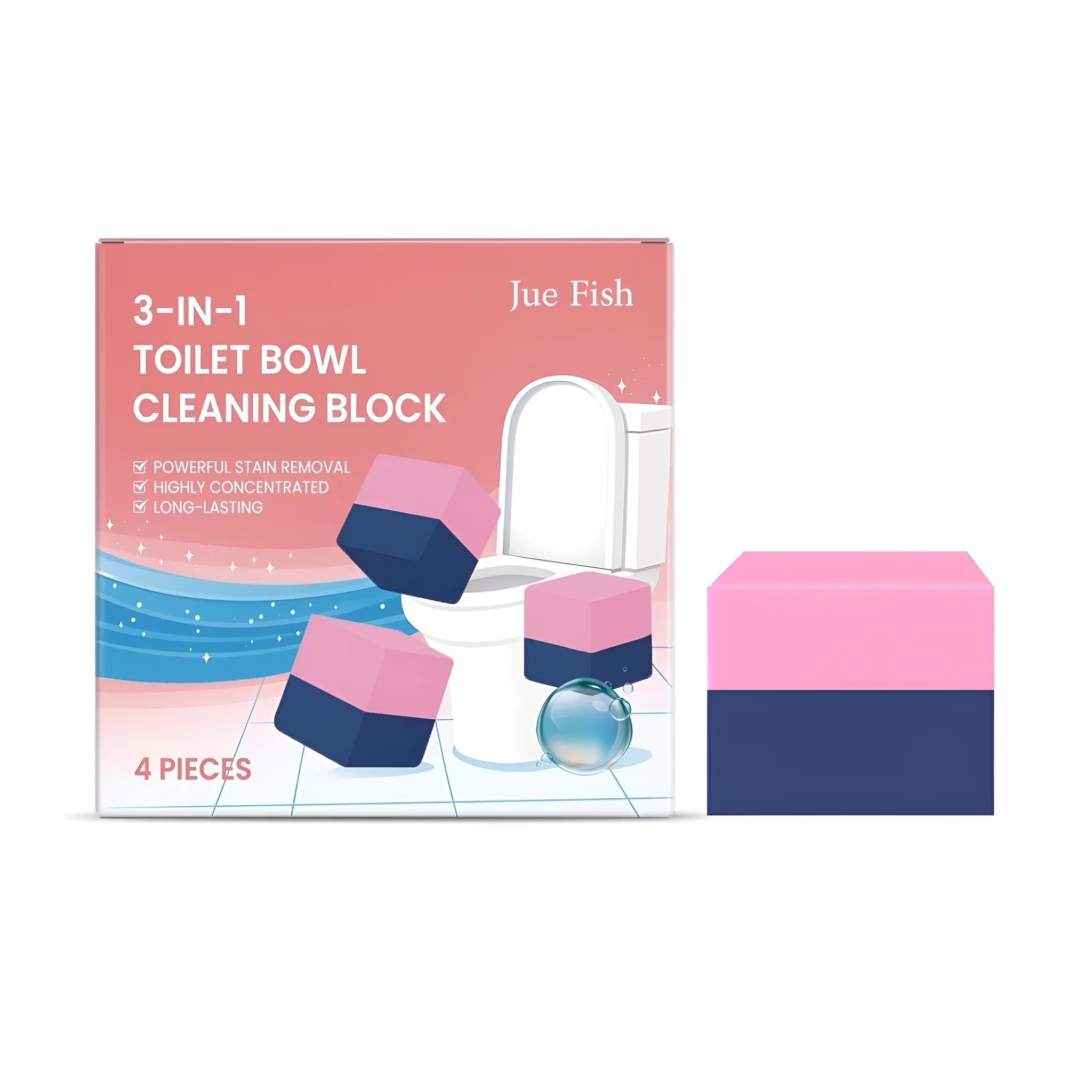 Four toilet cleaning blocks in packaging with multi-ingredient cleaning formula