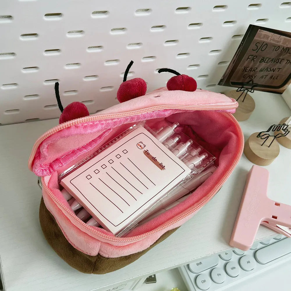Cherry Cake coloured velvet pencil bag with Korean style design.