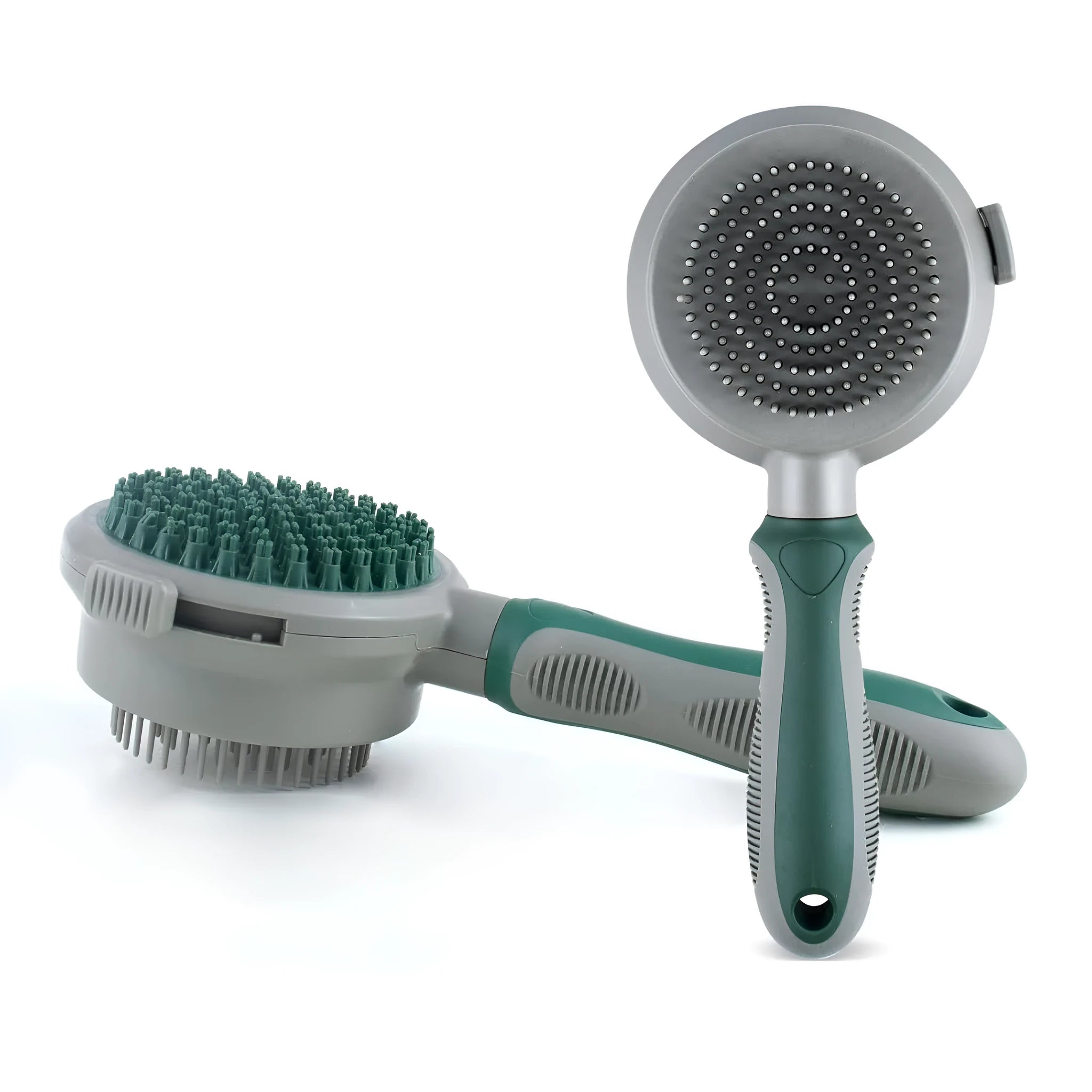 Two-sided silicone pet grooming brush with retractable slicker brush and octopus-teeth massager