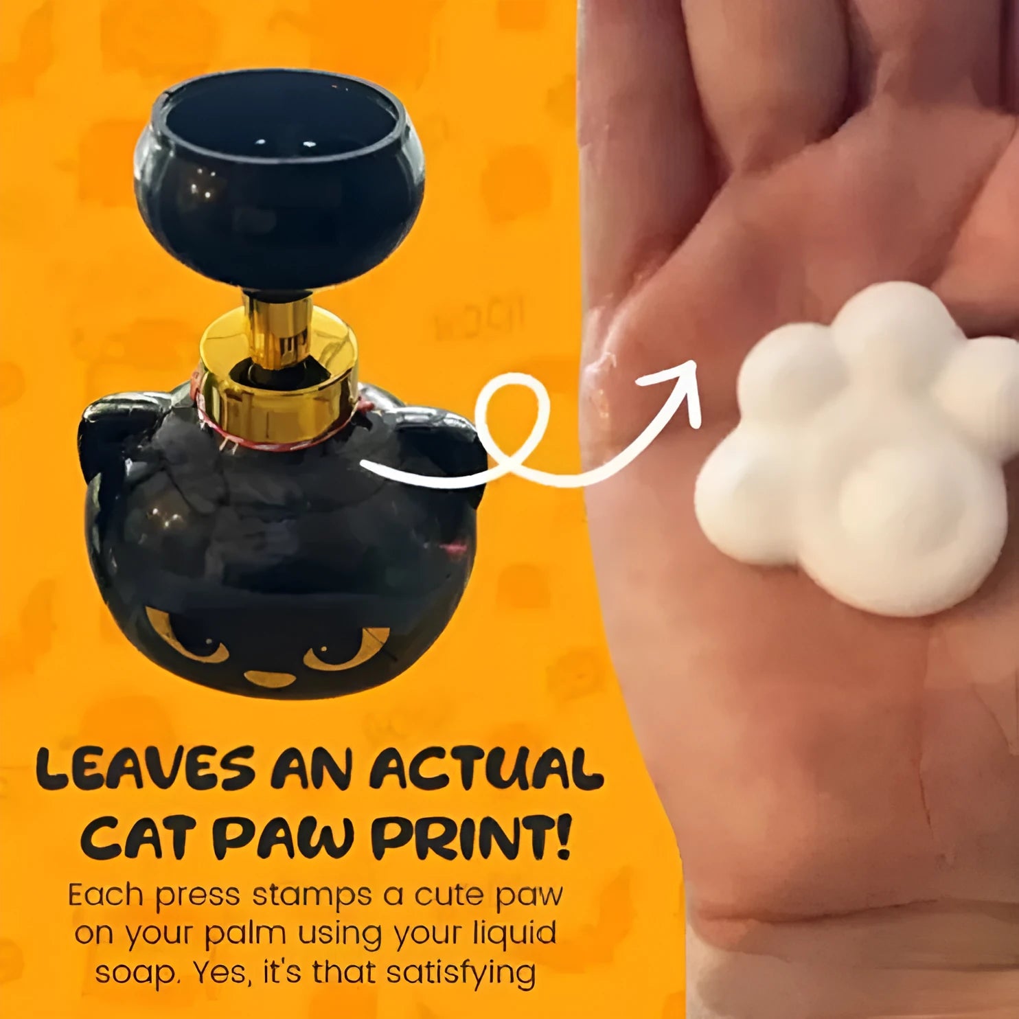 Black plastic cat-shaped cartoon foam soap dispenser pump bottle on a countertop.