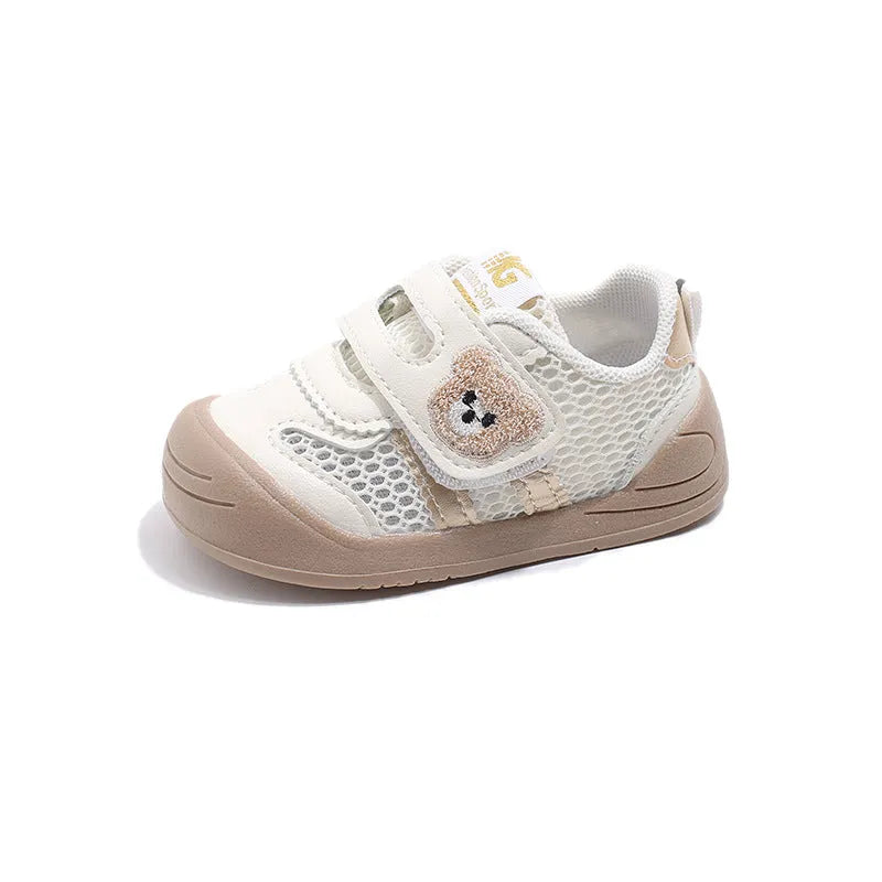 Children's breathable mesh shoes with animal pattern and Velcro fastening, available in black