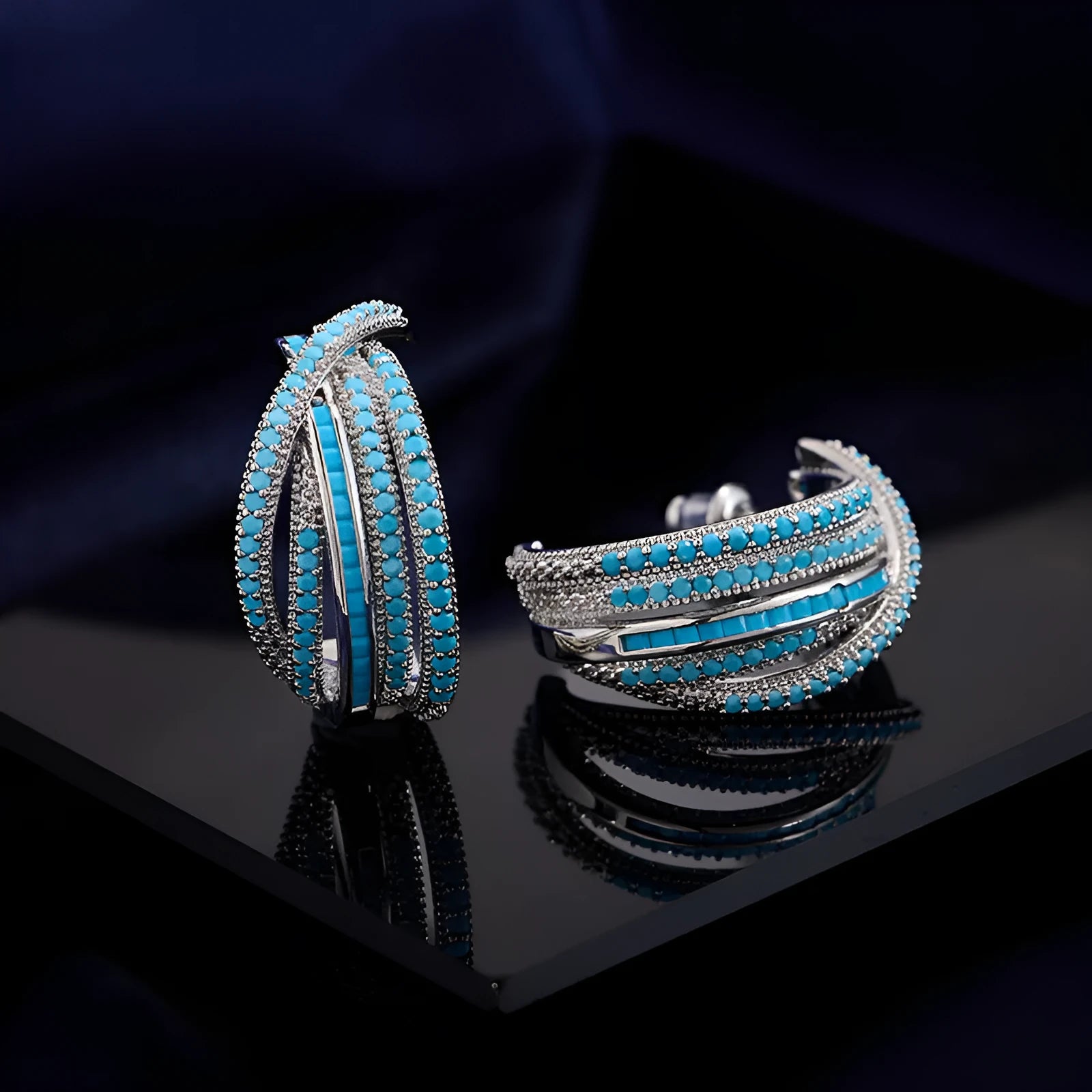 Geometric line cross C-circle earrings with inlaid zircon in three colours white gun black turquoise blue copper