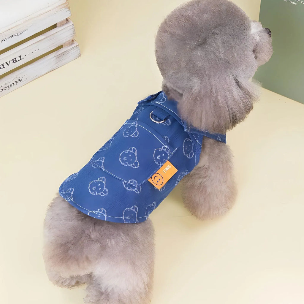 Small dog wearing HNXD denim bracket-skirt dress in one of five available sizes