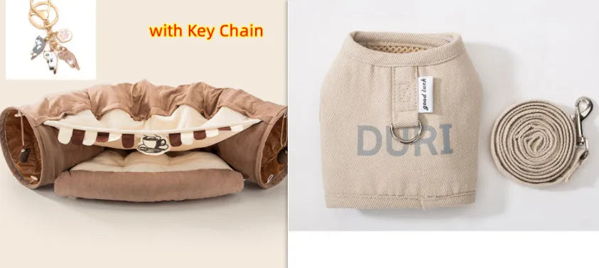 Collapsible cloth cat tunnel in four colour options showing 45cm by 50cm dimensions