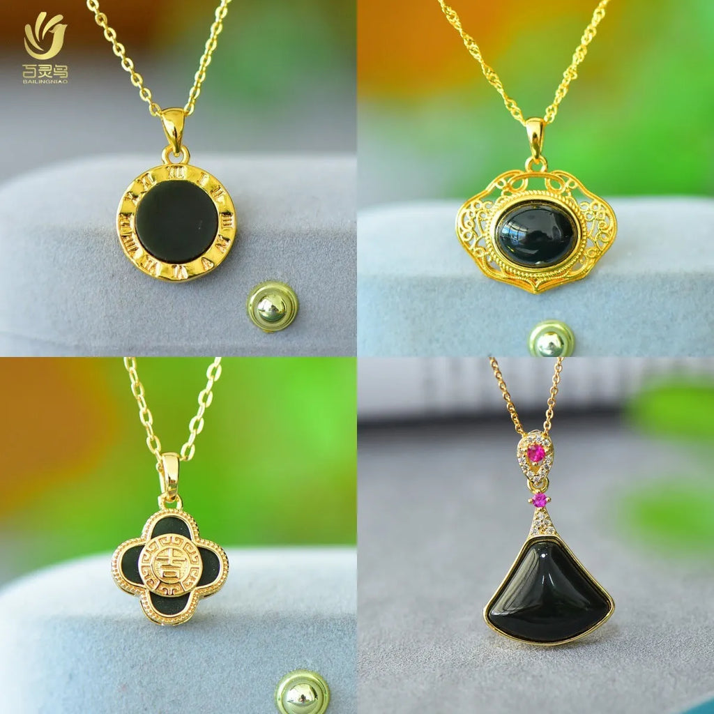 Copper inlaid Hetian grey jade pendant with ink blue accents on necklace chain