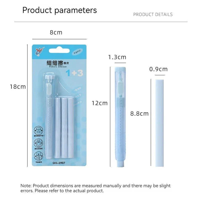 Push type automatic children's eraser in blue, green, pink or purple colours measuring 12x8cm