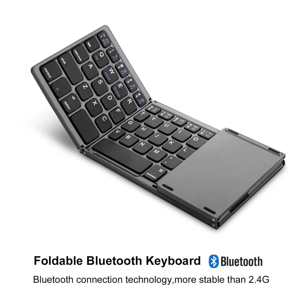 Black tri-fold Bluetooth keyboard shown open next to folded size comparison