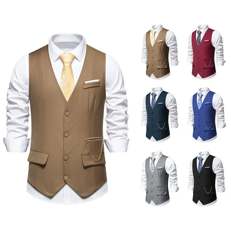 Men's solid colour V-neck single breasted chain vest in slim fit, shown in gray for spring light business wear