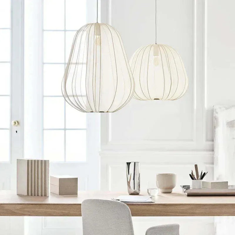 Japanese style pumpkin-shaped ceiling lamp with iron construction in white or grey blue finish