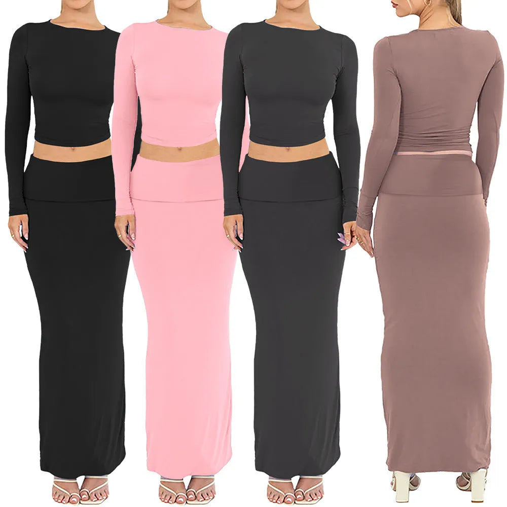 Women's polyester two-piece suit with three-quarter sleeve top and long skirt in sweet style