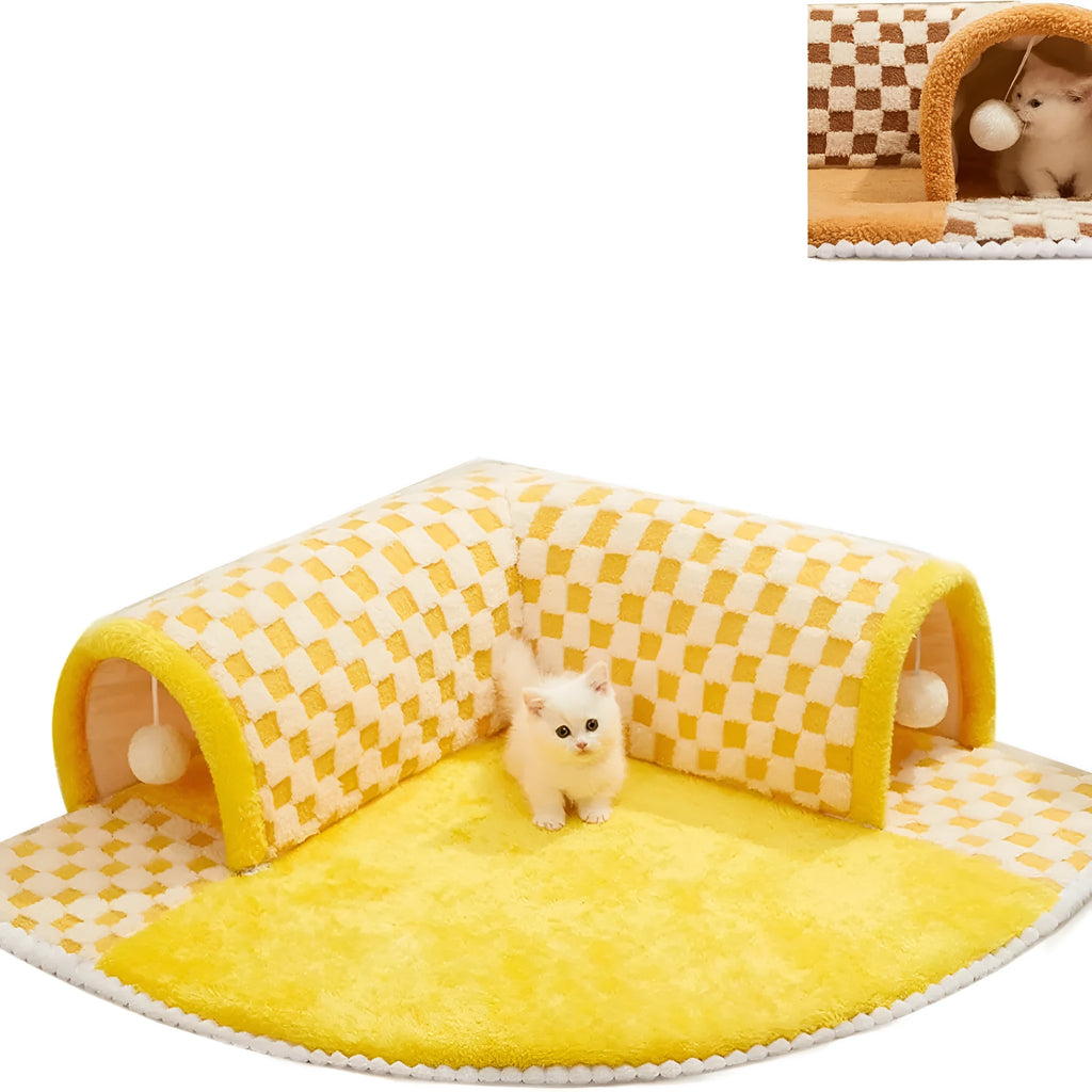 Brown plush plaid collapsible cat tunnel bed with central mat measuring 80x80x22cm