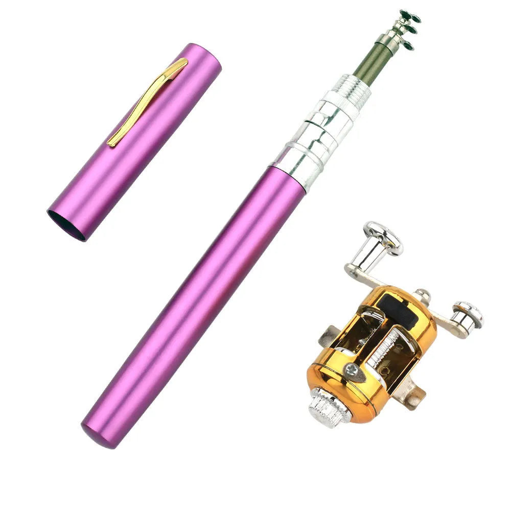 Portable telescopic pen fishing rod kit extended to 1m and collapsed next to its aluminium case.