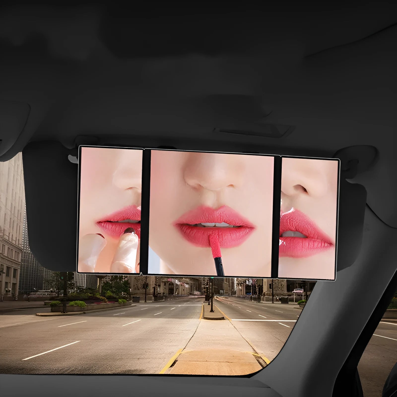 Silver car folding makeup mirror shown closed and open with dimensions 15.5x14cm and 30.5x14cm