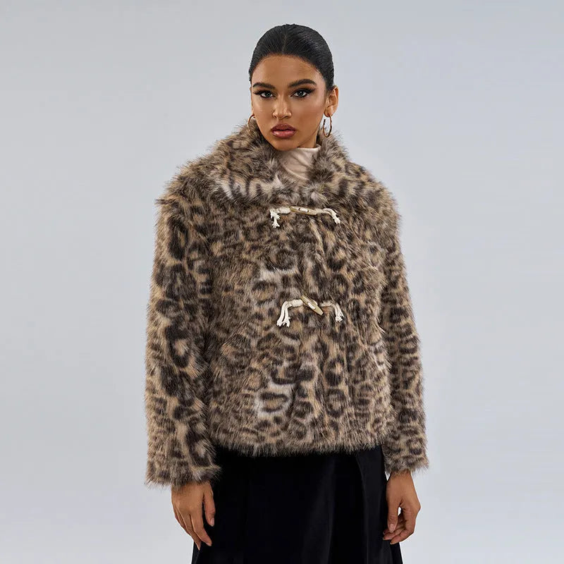 Women's leopard print coat with metallic buckle detail on lapel, regular sleeves, polyester construction