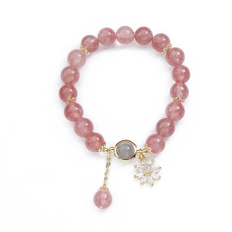 Natural strawberry quartz crystal bracelet with electroplated floral charm in Mori style