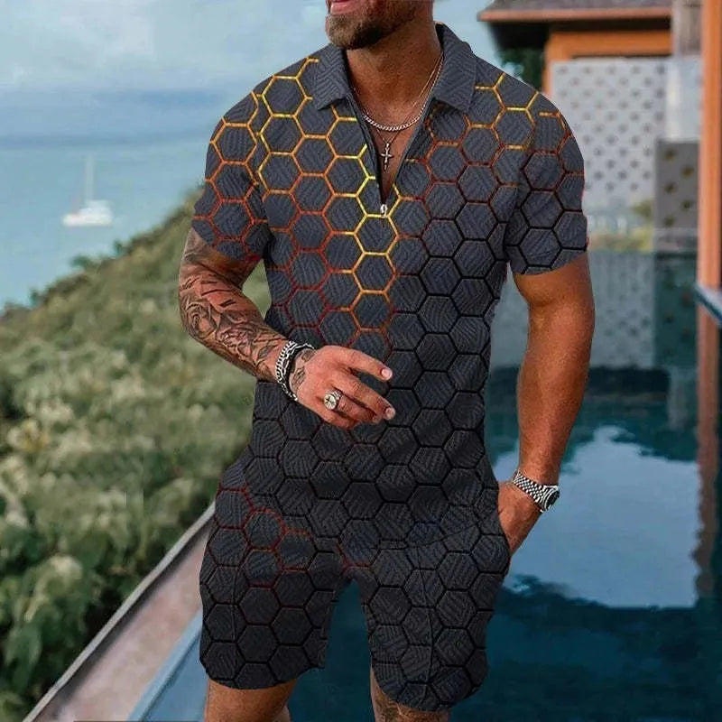 Mesh fabric short sleeve zipper suit with shorts in a summer sports colour option, available in sizes S to 6XL