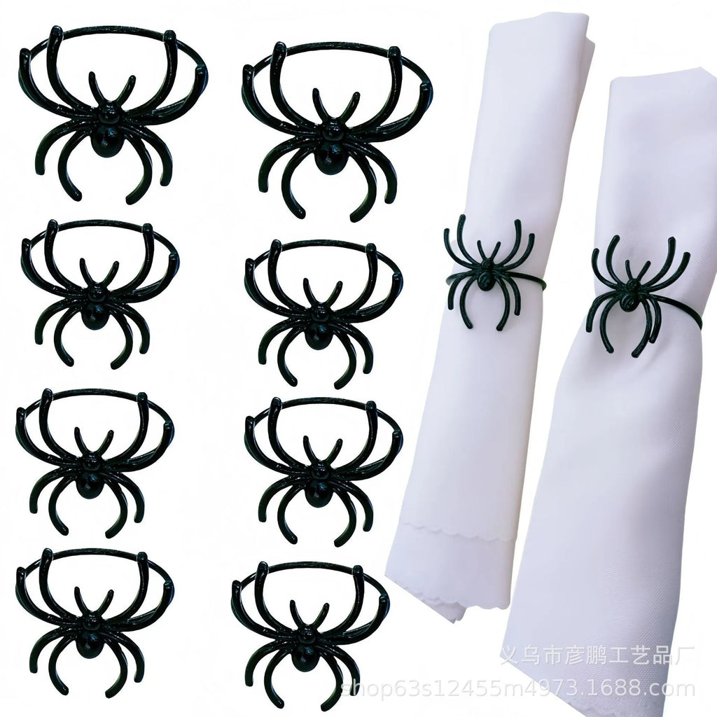 Set of six black alloy spider napkin rings with electrophoresis finish for Halloween table decoration
