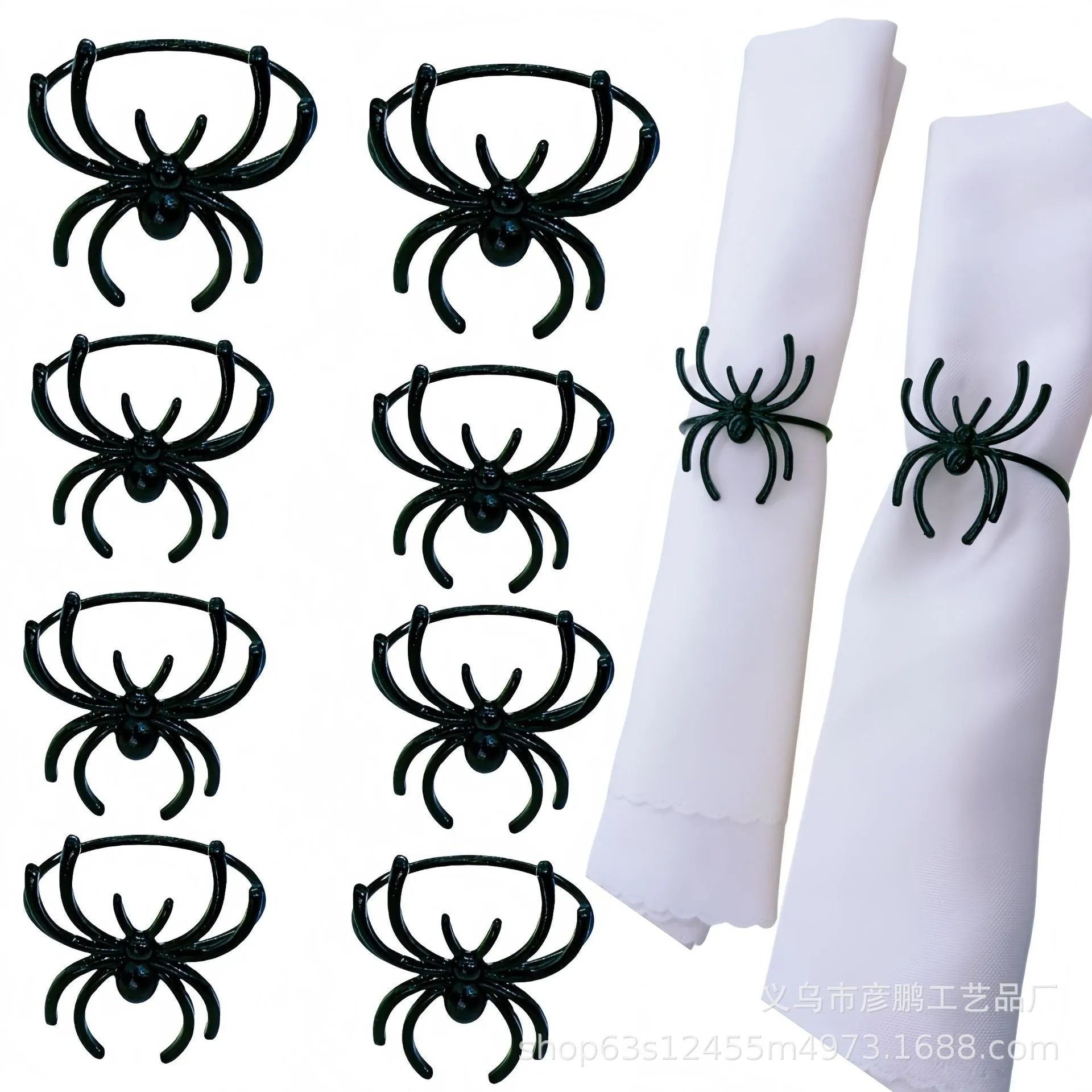 Set of six black alloy spider napkin rings with electrophoresis finish for Halloween table decoration