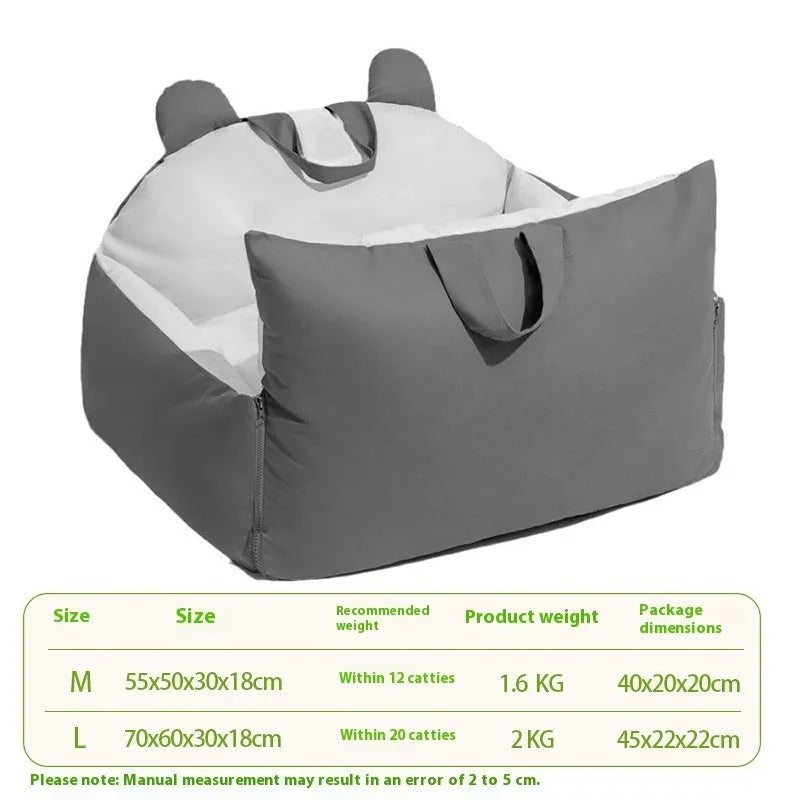 Removable washable grey beige car kennel for dogs on a car seat
