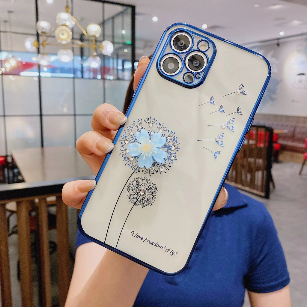 Green 3D flower spin stand phone case for iPhone on a table, showing built-in screen protector and stand.