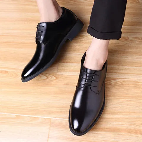 Men's leather business formal shoes with pointed toe and PVC sole in black and brown colour options, sizes 38-46