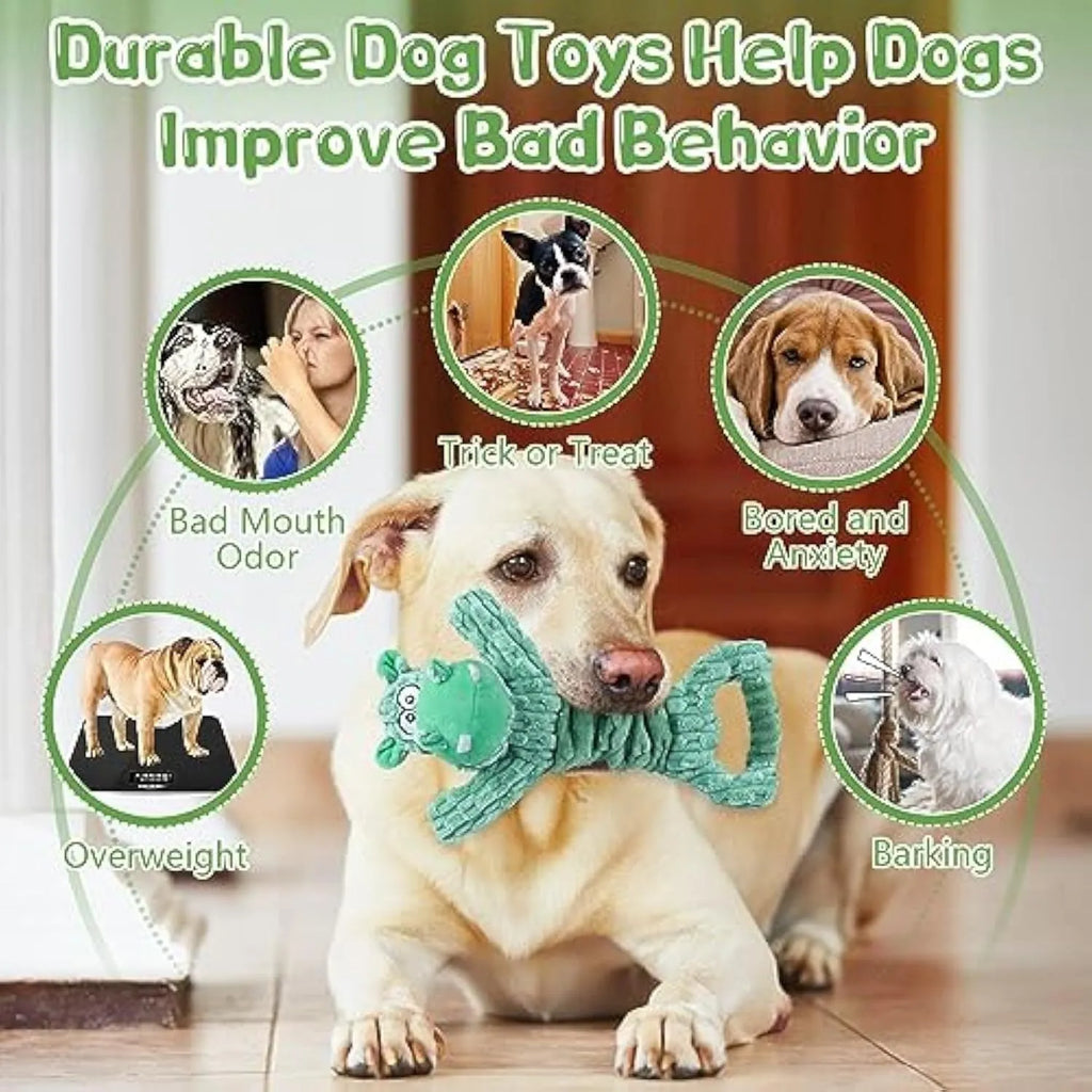 Large soft plush squeaky dog toy in animal design with a handle for tug of war.